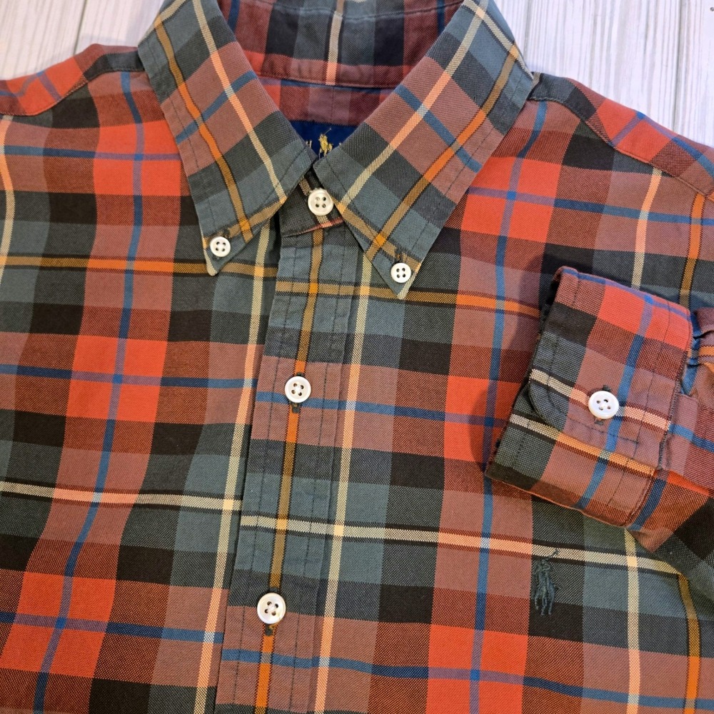 Ralph Lauren Mens Medium Plaid Cotton Button Down Shirt Red Green Long Sleeve‎
